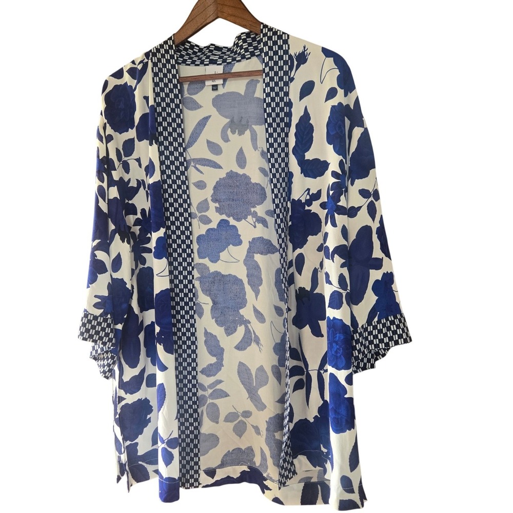 Cabi Kimono‎ Jacket Blue White Floral Geometric Trim Viscose Topper 5661 ML